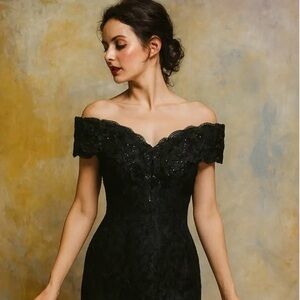 Vintage Black Off-Shoulder Lace Dress